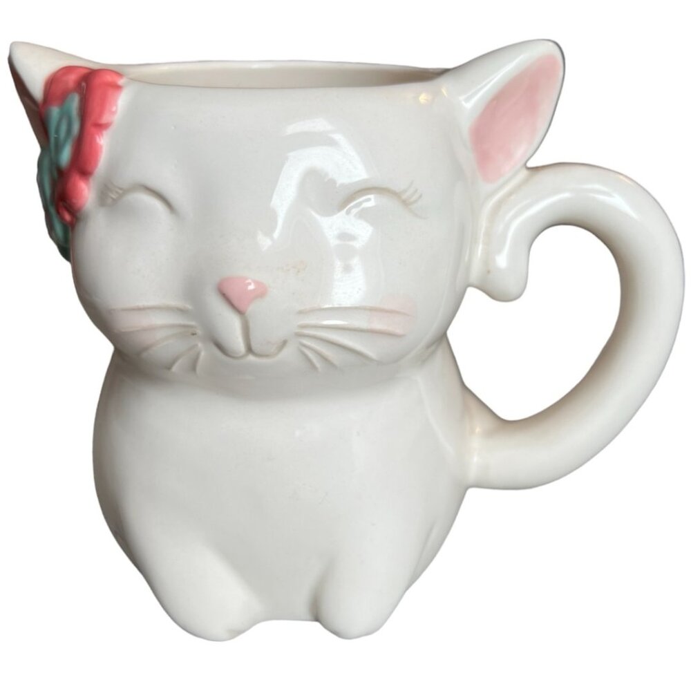 3D Ceramic Cat Mug Planter Flowers in Hair Glazed Charming Pristine 16 oz